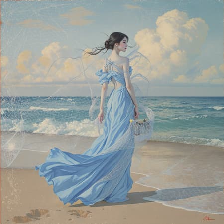 Woman Blue Dress Artwork A Chinese woman in a flowing blue dress stands elegantly on the beach, her pose reminiscent of a fashion model. The scene is a harmonious blend of Renaissance grace and modern flair, with Botticelli's delicate touch meeting bold, vivid colors characteristic of Greg Broadmore’s imaginative worlds. Her figure is interwoven with intricate netting, subtly symbolizing the fleeting nature of presence, as if she is gently fading into the vibrant coastal environment around her. The artwork captures a serene yet dynamic moment, where natural beauty and human artistry coalesce seamlessly, emphasizing both the familiar and the ethereal.