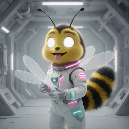 Happy Anthro Bee Astronaut In Spaceship Anthro bee character, furry, yellow fur, black and yellow striped fluffy tail, large innocent glowing white eyes, happy expression, tongue sticking out, holding a translucent bee wing, wearing a futuristic white astronaut jumpsuit with glowing neon pink and cyan accents, antennae, light gray futuristic spaceship interior background, soft studio lighting, dreamy atmosphere, digital art, high detail, sharp focus, 3D render.