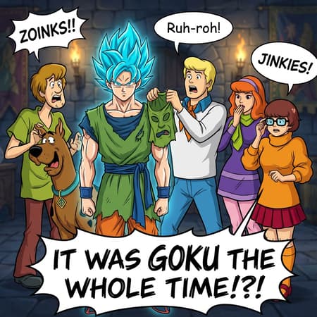 Scooby Gang Unmasks Goku Super Saiyan Blue Anime style image, a crossover between Scooby Doo and Dragon Ball Z. The Scooby Doo gang (Shaggy, Scooby-Doo, Fred, Daphne, Velma) are shown in a dark, mysterious setting, looking shocked and surprised. Fred is pulling off a Kermit the Frog mask from a character, revealing Goku in Super Saiyan Blue form underneath, wearing a Kermit-style green outfit. Goku has a neutral expression. The background is dimly lit and blurred, suggesting an old, spooky mansion or castle. Overlaid text reads "ZOINKS!!" above Shaggy, "Ruh-roh!" above Fred, "JINKIES!" above Velma, and "IT WAS GOKU THE WHOLE TIME!?!" at the bottom. The overall mood is comedic and surprising.