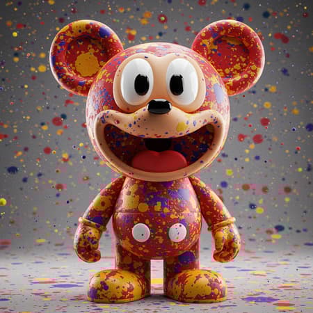 Imaginative reimagining of a classic cartoon character, featuring an exuberant array of colors and a Jackson Pollock-inspired background, creating an immersive visual experience. The image embodies raw emotion, mixing elements of high art and impressionism with a strikingly modern twist. A 3D model crafted with Maya software highlights the character's vibrant, splattered face and body, capturing the essence of wild creativity. Designed for a feature in a prestigious art magazine, the artwork's high-resolution texture and 4K professional photography quality make it an award-winning piece worthy of display.