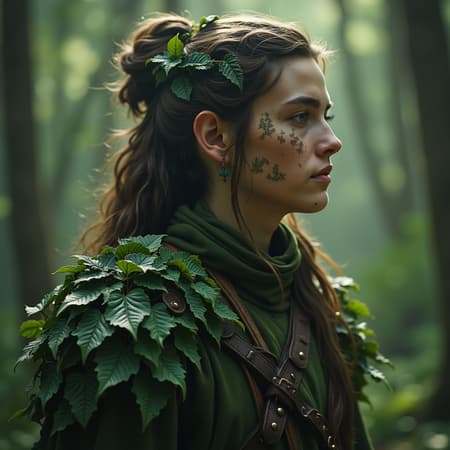 Digital art concept of a druid profile picture in ultra quality, featuring leaf-patterned clothing and facial tattoo marks set in a fantasy world with cinematic lighting. Avoid elements like low resolution, text errors, and cropped or duplicated features. Ensure high-quality depiction without any visual distortions like mutated or poorly drawn anatomy, extra limbs, or disfigured proportions. Exclude artifacts such as watermarks, usernames, and signatures.