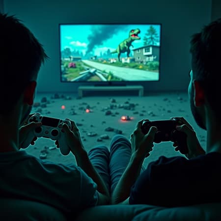 Gamers Playing Dinosaur Destruction Simulation On Tv Extreme over-the-shoulder POV shot from behind two guys. They are sitting on a ruined sofa, their hands are clearly visible in the lower frame, each holding a modern ergonomic gaming controller (gamepad). One guy has a white controller, the other has a black one. Their thumbs are on the analog sticks, showing active gameplay.The focus is the glowing TV screen in front of them, displaying the bright, sunny game "NORMAL LIFE SIMULATOR 2126" with a suburban house and a white picket fence.THE BACKGROUND IS PURE CHAOS: Directly above the TV, a massive, bioluminescent T-Rex with glowing green scales is roaring through the ruins. Alien monsters with red eyes are crawling on the debris. Exploding buildings and spiked motorcycles are everywhere.Lighting: The flickering blue and green light from the screen reflects off the glossy plastic of the controllers in their hands. Cinematic 8k, hyper-detailed, sharp focus on the gamepads and the screen, blurry chaotic background