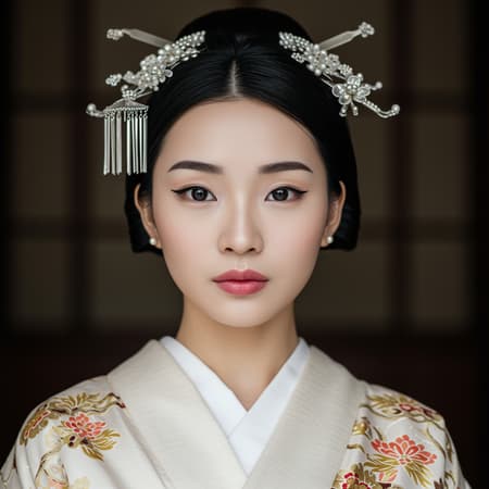 Graceful Asian woman, ivory complexion, immaculate and luminous, otherworldly allure, monolid eyes dark and profound, mesmerizing gaze, eyeliner enhances their charm, elegant eyebrows express gentle emotions, Rosy lips are delicately tinted, Draped in luxurious silk kimonos and intricate hairpieces, enhancing her enchanting presence, High-definition portrait, expert photography, ultra-high resolution, 4k.