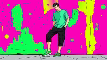 A creative illustration art of a full-body male figure wearing a loose-fitting mint green T-shirt and black capri cargo pants paired with vibrant green Vans old school sneakers. The man seamlessly integrates into a vividly colored digital artwork characterized by bold outlines and bright shades of pink, neon green, and magenta. The artwork's style is playful and cartoonish, with the man posed against an energetically colorful wall that dominates the background, featuring lively patterns and whimsical details maintaining the whimsical essence.