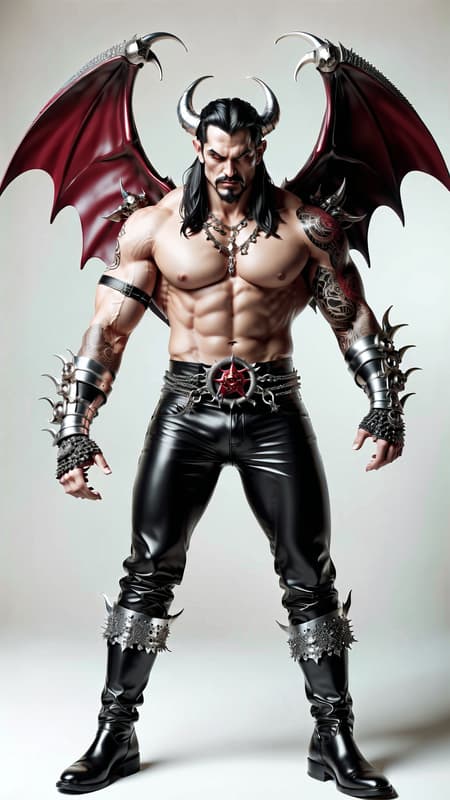 Cosmic horror. Chaos from creation. Abyss demon, death demon. Hypermasculine male, tall, extremely muscular, brute, sinewy. Pale white skin. Red, menacing eyes with dark circles around them. Strong brow and jaw, vampire-like fangs in his mouth. Black medium length hair, wild and unruly. 2 large white ivory horns curving up from the sides of his head. Black goatee on his face. His upper body is covered in dark red tribal tattoos and sigils, all neatly arranged. Big silver chains are wrapped around his massive chest in an o-ring style harness, also wrapped above his biceps. Heavy black leather bracers with spikes are on his arms. Hands have black, claw like fingernails. He wears form-fitting, leather bondage-type pants with chains around his waist. A large silver inverted pentacle as the belt buckle. Pants are tucked into big, heavy black boots adorned with silver metal. He has 2 gigantic demon wings, black on the outsides and reddish on the insides-- he uses them to fly. He has a dark aura and there is black smoke wherever he goes. Full body pose. He is a worshiper of Death. Cosmic horror. Chaos from creation. Abyss demon, death demon. Hypermasculine male, tall, extremely muscular, brute, sinewy. Pale white skin. Red, menacing eyes with dark circles around them. Strong brow and jaw, vampire-like fangs in his mouth. Black medium length hair, wild and unruly. 2 large white ivory horns curving up from the sides of his head. Black goatee on his face. His upper body is covered in dark red tribal tattoos and sigils, all neatly arranged. Big silver chains are wrapped around his massive chest in an o-ring style harness, also wrapped above his biceps. Heavy black leather bracers with spikes are on his arms. Hands have black, claw like fingernails. He wears form-fitting, leather bondage-type pants with chains around his waist. A large silver inverted pentacle as the belt buckle. Pants are tucked into big, heavy black boots adorned with silver metal. He has 2 gigantic demon wings, black on the outsides and reddish on the insides-- he uses them to fly. He has a dark aura and there is black smoke wherever he goes. Full body pose. He is a worshiper of Death.