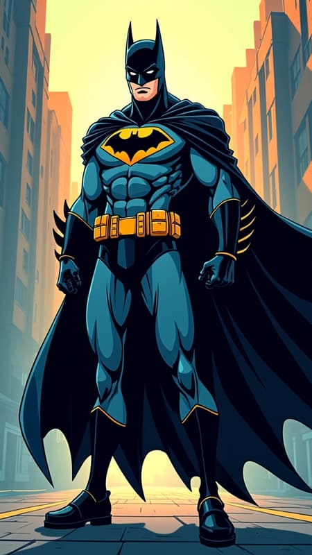 A full body superhero character inspired by Batman in cartoon comic style, featuring expressive lines and vibrant colors. The superhero stands in a dynamic pose, exuding confidence and readiness for action, set against a simple cityscape backdrop for contrast. The outfit is sleek and modern, combining classic elements with unique design touches that hint at nocturnal themes. The cape flows dramatically, suggesting movement, while the gaze is intense and focused, hinting at a vigilant protector. The image is high resolution, capturing every line with crisp detail, invoking the spirit of a contemporary comic book hero.