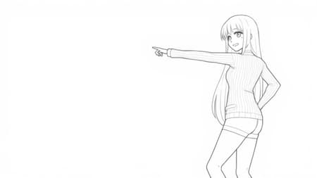 mimi-nhim, 1girl, long hair, fang, monochrome, greyscale, white background
ribbed sweater, biker shorts, contrapposto, pointing back,
heavy breathing, slightly open mouth, dutch angle, pointing back, blush, looking at viewer, head tilt, happy, smile, hand on hip, uneven eyes, face focus,
<lora:Mimi-nhim:1.0>
((dutch angle))

<lora:Left side (Illustrious) v1:0.7> left-side, character_on_left_side