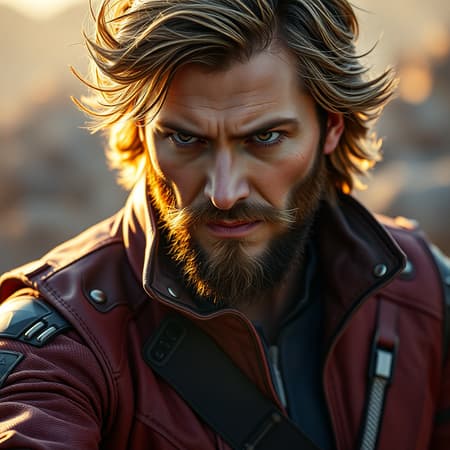 A hyperdetailed, photorealistic portrait of Star-Lord from the Guardians of the Galaxy, depicted in a dynamic and captivating scene. The rich, cinematic color grading highlights the intricate details of the character's iconic costume, capturing an epic and lifelike essence with stunning clarity. Shot on a Canon EOS-1D X Mark III, the scene is illuminated by soft morning light, emphasizing Star-Lord's charismatic expression and stance. The image is framed with a cinematic 35mm perspective, inspired by the artistic styles of James Jean and Jean-Honoré Fragonard, resulting in a breathtakingly vivid composition that blends realism with a touch of imaginative flair.