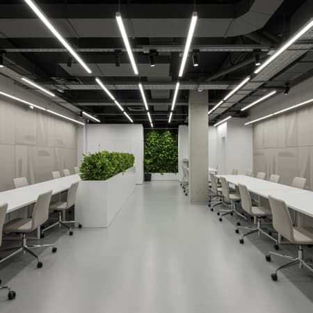 A photorealistic perspective view of a minimalist co-working space featuring bright finishes and an ambient atmosphere. The design showcases elaborate vertical and horizontal lines, enhanced by minimalistic 4500K indirect lighting and sleek spotlights on the ceiling. The space exudes professional interior architecture with a focus on openness and functionality, where subtle creative elements like textured wall panels and a central green plant installation add an organic touch. The composition highlights the interplay between shadows and light, enhancing the clean and modern aesthetic, capturing a sophisticated yet inviting workspace.
