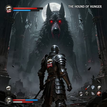 A Digital Painting Of A A digital painting of a Dark Souls-style knight, viewed from behind, wearing Pringles-themed armor, facing a massive, emaciated, monstrous hound with glowing red eyes and dripping blood. The scene is set in a ruined gothic cathedral at night under a full moon, with dark, misty, and atmospheric lighting. The color palette is dark and desaturated, featuring grays, blacks, and hints of red. The mood is epic and ominous, like a boss battle. Prominent UI elements from a video game are overlaid, including health bars, item slots, and a boss name: "THE HOUND OF HUNGER." Debris floats in the air. Highly detailed, photorealistic render.