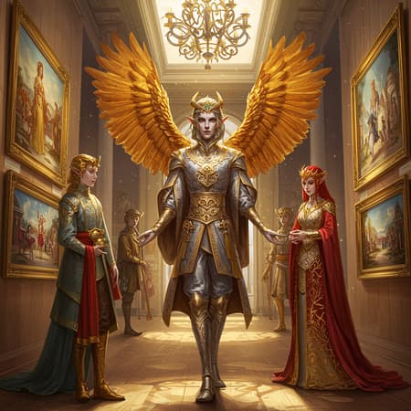 A captivating fantasy scene in an art gallery featuring intricate character illustrations, blending light silver with hints of amber. Hyperrealistic depictions highlight charming characters adorned in subtle gold and rich red hues, showcasing their detailed expressions. The rendering style embraces a raw aesthetic, reminiscent of refined sculptural art.