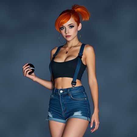 A young woman with vibrant orange hair styled into a short ponytail stands confidently in a mysterious fog, holding a pokeball at her side. She wears low-waisted denim shorts paired with a snug tank top, accentuated by suspenders. Her tank reveals a busty silhouette with a hint of cleavage. The atmosphere is a blend of adventure and allure, reminiscent of a well-known, spirited Pokémon trainer. A young woman with vibrant orange hair styled into a short ponytail stands confidently in a mysterious fog, holding a pokeball at her side. She wears low-waisted denim shorts paired with a snug tank top, accentuated by suspenders. Her tank reveals a busty silhouette with a hint of cleavage. The atmosphere is a blend of adventure and allure, reminiscent of a well-known, spirited Pokémon trainer.