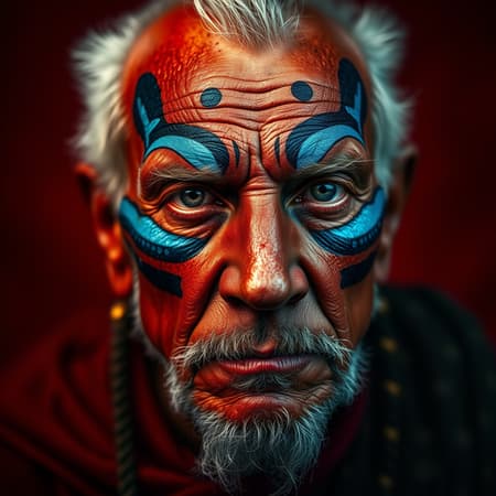 A hyperrealistic portrait of an elderly Austrian warrior chief with intricate tribal panther makeup in striking blue on a rich red background, captured in a front-facing profile. The portrait showcases the texture and detail of his weathered skin, with serious, compelling eyes gazing directly into the camera. The image is captured with a high-resolution GFX100 camera, using a 50mm f/2 lens for sharp focus and creamy bokeh. The scene is dramatically lit with hard rim lighting, accentuating his strong features and tribal markings in a 2:3 aspect ratio, infusing a sense of strength and wisdom into the composition.