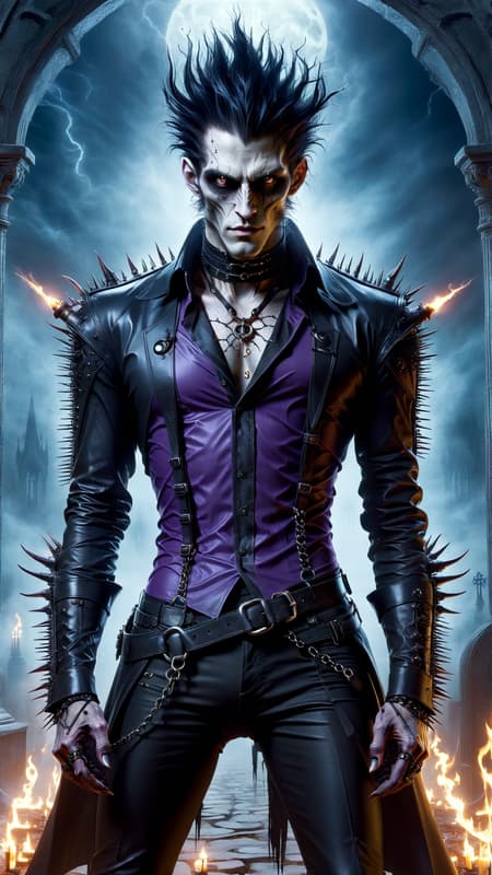 Goth Punk visits Hammer Horror films. Dark, creepy, Goth, sado-masochism. He can turn invisible and follow people around. He also has the ability to enter their minds and scare them to death. He can also siphon off little bits of life force and energy from his victims---most of the time he kills them. 
A young Caucasian man in his 20s, his skin is chalk white, he's becoming more undead as time goes by. He has dark circles around his eyes, but he also wears Goth makeup.  Very tall, thin, lithe but strong, sinewy. Emo style hair, shaved on the sides and back, long on top and falls over one eye-- the top is dyed eggplant purple. Strong brow and jaw, masculine and handsome, though he does have a slight resemblance to Frankenstein's monster--- he takes pride in that. His eyes are grey and intense, like he's staring into your soul. Because he is tall, he has very big hands with long fingers. He wears the latest in Goth fashion: black leather choker collar with spikes,  sheer black see-thru form fitting long sleeved shirt, o-ring black leather harness, black leather bracers with spikes on his arms, dark Violet leather jeans, heavy black leather engineer boots. Full body pose, hanging out in a graveyard or dark Goth Punk club. 