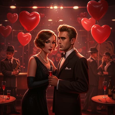 AI Valentine's Day Design Valentine's Day celebration, 1920s jazz club ambiance, featuring heart balloons adorning the ceiling, digital art capturing an atmosphere of background blur and intense spotlight, showcasing extremely detailed 8K imagery with mesmerizing volumetric lighting. Characters reminiscent of James Dean, Audrey Hepburn, Humphrey Bogart, and Marilyn Monroe, presented in a majestic oil painting style influenced by Ed Binkley, Atey Ghailan, and Studio Ghibli, highlighted with the signature touches of Jeremy Mann, Gregory Manchess, and Antonio Moro. The scene is a trending masterpiece on ArtStation and CGSociety, characterized by intricate, high-detail, sharp-focus, and dramatic, photorealistic painting artistry resembling the works of Midjourney and Greg Rutkowski, with the alluring charm of synchronized, symmetrical faces without any uncanny distortions or imperfections.