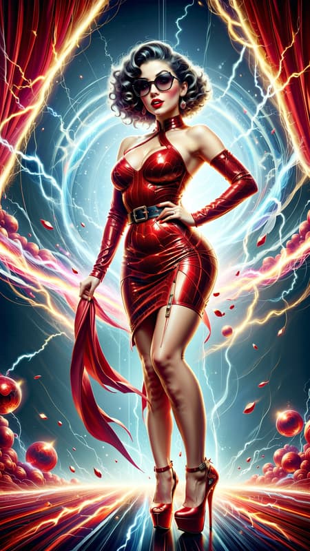 Old Hollywood meets modern pop culture, and she's got that Boop-Boop-be-doop! She's also a supervillain capable of blowing you down with her kisses! The power blasts forward from her in red lip-shaped energy! feminine woman, young Caucasian female. Actress, sort of like Betty Boop. Red is her favorite color!  Fun, vivacious, lively, glamorous. Tall, leggy, strong, fit, busty, thin but curvy. Beautiful face, sparkling Hazel eyes with long eyelashes. Medium length hair to her shoulders, with fluffy bouncy burgundy colored curls, glamorously styled. Usually dark sunglasses perched on top of her head. Shiny, glossy ruby-red lips, usually blowing kisses. Shiny, glimmering red mini-dress with cut-out shoulders, form fitting material. Black leather designer belt around her waist. The dress is slit on one side. Red fishnet stockings on her legs, with knee-high red stiletto heeled boots on her feet. Her power is her lips, blowing kisses from the other side of the room.  Full body pose. 
