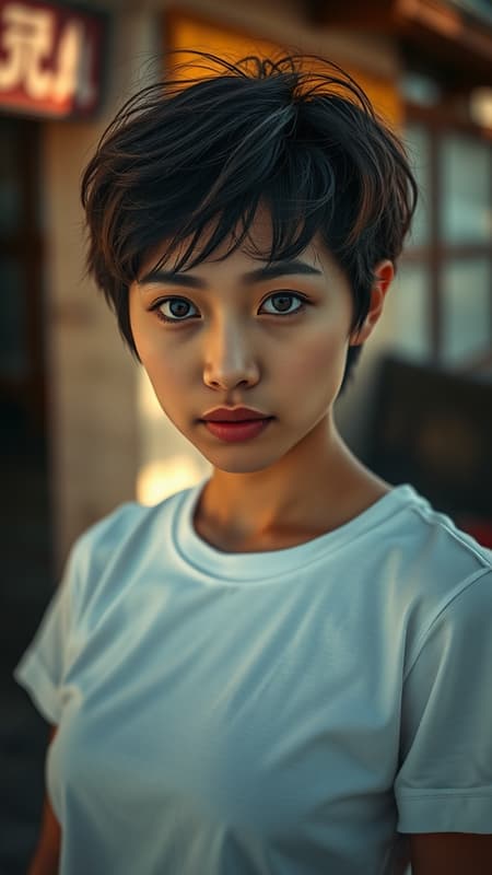 A captivating, ultra-detailed portrait of a Chinese woman with expressive, round eyes and short, tousled hair. She's standing outdoors, wearing a simple white T-shirt, her attention fixed on the camera with an intense gaze. Her lips are slightly chapped, adding a touch of realism to her appearance. The photograph features soft, natural lighting that gently illuminates her features, with a hint of magical ambiance subtly woven throughout. The use of dramatic lighting techniques enhances the photo realism of the image, crafted with intimate portrait composition. Captured with a Leica 50mm lens at f1.4, the image highlights her natural beauty and busty figure while maintaining authenticity and depth. A captivating, ultra-detailed portrait of a Chinese woman with expressive, round eyes and short, tousled hair. She's standing outdoors, wearing a simple white T-shirt, her attention fixed on the camera with an intense gaze. Her lips are slightly chapped, adding a touch of realism to her appearance. The photograph features soft, natural lighting that gently illuminates her features, with a hint of magical ambiance subtly woven throughout. The use of dramatic lighting techniques enhances the photo realism of the image, crafted with intimate portrait composition. Captured with a Leica 50mm lens at f1.4, the image highlights her natural beauty and busty figure while maintaining authenticity and depth.