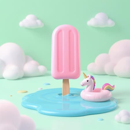Illustration Pink Popsicle Artwork A whimsical 3D illustration of a pastel pink popsicle melting into a shiny pool on a light mint green background with fluffy clouds. The popsicle stick stands upright, while a miniature inflatable unicorn float gently drifts on the glossy puddle, enhancing the playful summer atmosphere. The scene is filled with vibrant, clean colors and exudes a delicate, smooth aesthetic with a minimalistic design.