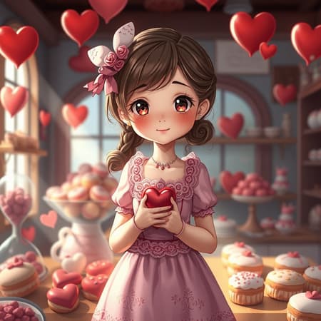 AI Embodiment Day Design A charming embodiment of Valentine's Day as an adorable girl, intricately detailed and rendered in the style of Unreal Engine; this digital illustration draws inspiration from Artgerm and Studio Ghibli with a whimsical touch. Her features are reminiscent of both deviantart creativity and the refined polish found in Artstation works. Illustrated with sharp focus by an artist like Alexei Vinogradov, she stands in a cozy, enchanting bakery, surrounded by heart-shaped pastries and warm, gentle lighting that reflects her affectionate nature. Her attire is a blend of pinks and reds, adorned with delicate lace and subtle floral patterns, capturing the essence of love and warmth in a beautifully crafted scene.