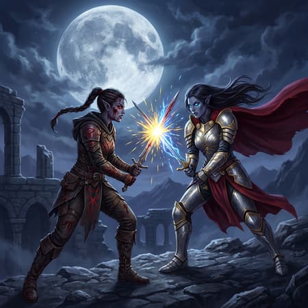 Two fierce female dark elf warriors locked in a dynamic sword fight, blades clashing, creating a bright yellow and blue light burst at the center. One warrior on the left, with dark hair tied back, wears dark leather armor with red accents and tribal markings, her face splattered with blood. The warrior on the right, with flowing dark hair, wears ornate silver and gold full plate armor with a long red cape flowing behind her. Both have glowing eyes matching their blade colors. A massive, textured full moon dominates the dark, cloudy night sky, providing the primary light source. Digital painting, dramatic, fantasy art, intense atmosphere, cool color palette of purples, blues, and grays, with vibrant yellow and red accents.