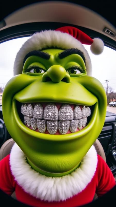 gr!llz, fish eye lens realistic photograph of the green grinch with a wide smile, its teeth are encrusted with shiny platinum diamonds. It's driving a hummer suv.