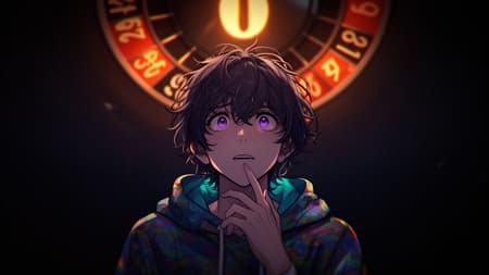 Anxious Youth Under Glowing Roulette Wheel Anime style, detailed illustration of a young person with short, messy dark hair and purple eyes, looking up with a slightly nervous or anxious expression, fingers touching their chin. They are wearing a colorful, patterned hoodie. The background is dark, with a large, glowing "0" and other numbers from a roulette wheel or similar display casting light from above. The lighting is dramatic and chiaroscuro, with strong highlights on the face and hands, and deep shadows. Dark, moody atmosphere with a hint of suspense. Colors are predominantly dark with vibrant, glowing reds, oranges, and yellows from the numbers, and cool blues/greens in the hoodie. Grainy texture, subtle chromatic aberration. Vertical composition.