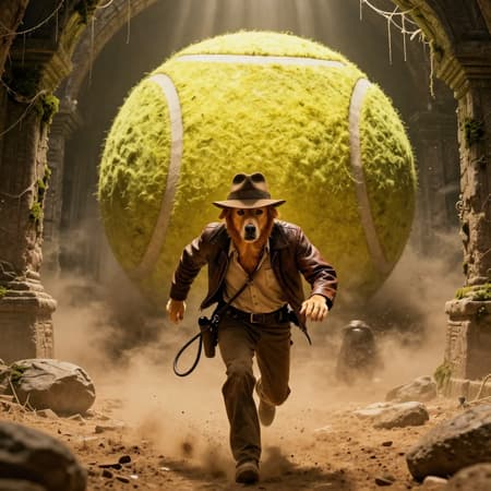 Golden Retriever Indiana Jones Escaping Tennis Ball A cinematic, high-action shot paroding the iconic boulder scene from 'Raiders of the Lost Ark'. The protagonist is a rugged, anthropomorphic Golden Retriever dressed exactly like Indiana Jones, complete with a weathered fedora, a leather jacket, and a bullwhip coiled at his hip. He is sprinting desperately towards the camera with a look of determined panic on his face, paws kicking up dirt. Behind him, crashing down a dusty, ancient stone temple tunnel covered in cobwebs and moss, is a massive, textured, fuzzy yellow giant tennis ball rolling menacingly, taking the place of the boulder. The lighting is dramatic and moody, with beams of golden light cutting through the thick dust clouds, capturing the intense adventure atmosphere. 8k resolution, highly detailed textures, movie still quality.