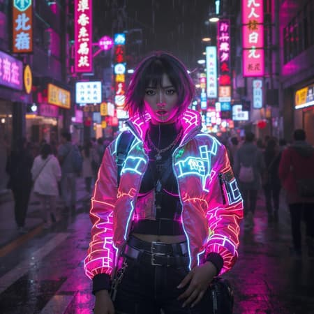 City Street Scene Artwork A vibrant city street scene bustling with life, featuring a striking woman in a luminescent neon jacket, embodying the essence of gadgetpunk. The atmosphere is infused with the charm of anime aesthetics, reminiscent of Ross Tran's dynamic style, and the captivating, emotional depth of Hikari Shimoda's creations. Her presence is enhanced by Jessica Drossin's hyper-realistic attention to detail, captured with the precision of a Fujifilm X-T4 and the clarity of a Sony FE 85mm f/1.4 GM lens. The scene is set in an elongated portrait format, highlighting her confident stance amidst the neon-lit urban landscape, seamlessly blending raw textures with stylized elements for a captivating visual narrative.