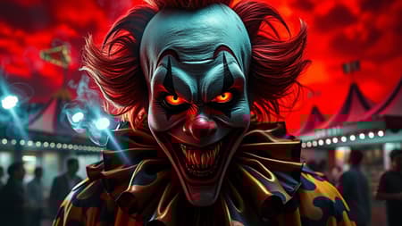 A hyper-detailed, masterful photograph captures a sinister clown with fiery, malevolent eyes that seem to pierce through the soul. Its painted face twists into a grotesque grin, revealing sharp, jagged teeth. The clown's vibrant costume is a chaotic mix of bold patterns and colors that contrast with the dark aura surrounding it. Wisps of shadowy mist coil around its figure, and the background is an unsettling carnival scene under a blood-red sky. The eerie lighting casts eerie shadows that dance across the clown's face, accentuating its terrifying presence. A hyper-detailed, masterful photograph captures a sinister clown with fiery, malevolent eyes that seem to pierce through the soul. Its painted face twists into a grotesque grin, revealing sharp, jagged teeth. The clown's vibrant costume is a chaotic mix of bold patterns and colors that contrast with the dark aura surrounding it. Wisps of shadowy mist coil around its figure, and the background is an unsettling carnival scene under a blood-red sky. The eerie lighting casts eerie shadows that dance across the clown's face, accentuating its terrifying presence.