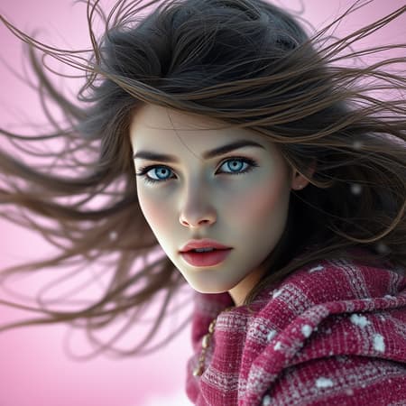 Windswept winter scene, natural elegance, piercing grey eyes, ultra-detailed digital art, showcased in ArtStation's trending section, dramatic cinematic lighting, immaculate studio quality with a seamless render; Unreal Engine 5 created, depicts a figure in flight, with hair flowing wildly in all directions, set against a stunning pink backdrop, with a rich Octane render; art style inspired by Klimt's opulence, fused with the delicate touch of Nixeu, the intricate craft of Ian Sprigger, the emotive storytelling of WLOP, and Krenz Cushart's mastery.