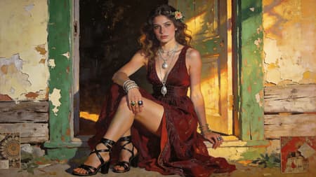Ultra-detailed surreal Mixed Media painting of a bohemian woman sitting in a weathered doorway with peeling green and cream paint; warm golden-hour lighting. She wears a flowing dark red boho maxi dress with a deep V neckline,  sleeveless, fitted waist, and a thigh-high slit. Layered silver necklaces with pendants, bracelets, and rings. High Sandaled feet with black leather straps. Loose waves hair adorned with a small floral headpiece. Textured rustic backdrop with chipped paint and wood. Ultra-detailed,