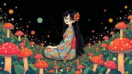 Anime Girl In Psychedelic Mushroom Forest Full body shot, anime girl with long dark hair and round glasses, wearing a vibrant, psychedelic floral kimono, sitting amidst a dense field of colorful, stylized flowers and mushrooms. The art style is a blend of anime and psychedelic pop art, featuring bold outlines, flat colors, and intricate patterns reminiscent of stained glass or cloisonné. Dark background, creating a stark contrast with the brilliant, luminous colors of the girl and the flora. The mood is whimsical and vibrant. Rich, saturated colors dominate, including reds, blues, greens, yellows, and oranges, with a distinct retro feel. Subtle noise/grain texture throughout. Intricate details on kimono and surrounding flora, with some abstract circular shapes floating around.