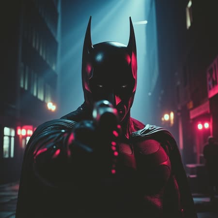 Beauty,realism,chiaroscuro,cinematic quality,rays of light,play of shadow and light,
A noir-style comic book scene featuring a batman, holding a gun pointed directly at the viewer.  The setting is a dark city at night, with tall buildings and glowing streetlights in the background, adding to the urban, gritty atmosphere. The color palette is mostly black and white, with only the red accents standing out vividly, creating a dramatic contrast. The scene is filled with tension, evoking a sense of mystery and high-stakes action.
