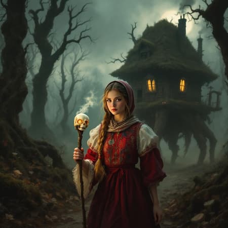 A whimsical soft digital painting, masterpiece, high quality, Oil Painting, young teen Vasilisa the Beautiful walks away from Baba Yagaâs chicken-legged hut, deep within a shadowy Slavic forest. She wears a traditional Russian peasant dress: a long, embroidered sarafan in crimson and indigo, layered over a white blouse with intricate red stitching along the sleeves. A patterned headscarf wraps around her golden-brown braid, which falls over her shoulder. In her right, she holds a glowing skull mounted on a gnarled wooden stickâthe eerie light casting flickering shadows across her determined face.
Behind her, Baba Yagaâs hut looms on giant chicken legs, crooked and ancient, its moss-covered roof curling like claws. Smoke drifts from the chimney, and the windows glow faintly with supernatural light. Twisted trees surround the clearing, their branches clawing at the mist. The forest floor is littered with fallen leaves, mushrooms, and bones. Vasilisaâs path is lit only by the skullâs glow, illuminating the fog and the gnarled roots beneath her feet.
The mood is tense and magicalâan escape from danger, a step into destiny. The style is painterly and cinematic, with dramatic lighting, rich textures, and a palette of earthy tones and spectral highlights. The composition centers Vasilisa in motion, her figure framed by the looming hut and the encroaching forest. Elaborate details, painted by John Singer Sargent, Masterpiece, intricate lines, intriguing atmosphere, sharp magnificent details, delicate features, elaborate details, (2/3 rule composition:0.5), ultra detailed, romantic, oil painting, in the style of Rembrandt. FS, NixPort, novuschroma, <lora:style_of_Rembrandt_FLUX_135:.8> <lora:neeeg_f1:-1> <lora:113_novuschromaFLX_1:.2><lora:NixPort_style_for_semi-real_upper_body_portrait:.8> <lora:softwhim:1>