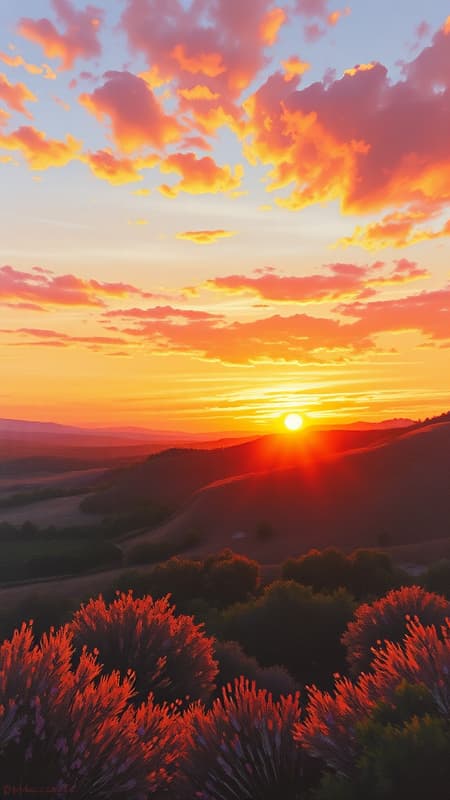 A canvas captures the glowing sunset over Provence, evoking the essence of impressionist masters. Soft, warm hues blend seamlessly with delicate strokes, portraying the tranquil beauty of the evening sky. The scene is awash in rich reds and soft oranges, interspersed with hints of lavender and gold, as distant hills gently fade into the horizon. The play of light and shadow dances across the landscape, inviting viewers to immerse themselves in the serene ambiance and timeless charm of this picturesque setting.