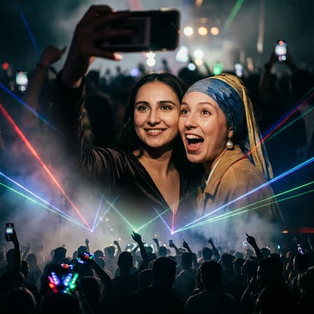 Ultra-photorealistic scene of a ‘Mona Lisa’ and ‘Girl with a Pearl Earring’  in a wild modern rave party. Both girls' outfits are stylized to modern fashion but still keep the iconic base color palette and form that is easy to recognize. The two girls are posed to take a high angle selfie. Both girls are posing to look good in the selfie. The background is the middle of the party scene. 

The rave party is filled with party laser beams in light haze, silhouettes of partygoers in the background, soft motion blur on dances, bokeh lights. Add fog machine effect for atmosphere.

Both girls' expressions are cheerful and excited with a party girl vibe; Cinematic composition, shallow depth of field, ultra-detailed skin/chitin, realistic smoke, 85mm lens look, high contrast, no text on screen.