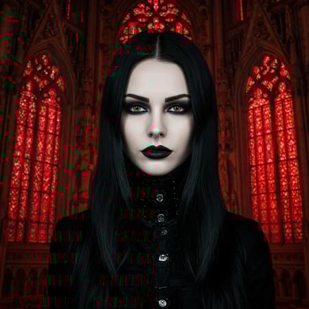 Gothic girl with a flawless face dressed in elegant black attire, her striking countenance captured in a macro head shot, set against the backdrop of a grand gothic cathedral, its windows aglow with reflections of fiery red light. Intricate, delicate mandala-like ornaments enhance the scene, captured in stunning 8k resolution with rich UHD and HDR quality. The model, known as Dark Sushi, exudes an enigmatic aura, while ensuring clarity and cohesion in the image. The composition focuses on perfection without unwanted artifacts or distortions, keeping the essence of gothic elegance alive.