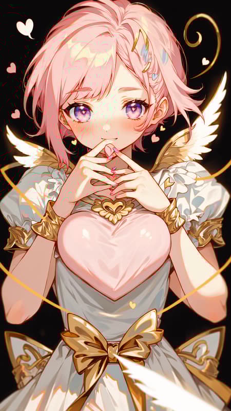 Romantic cupid-inspired character, pastel pink hair, heart-shaped pupils, winged, holding a golden bow