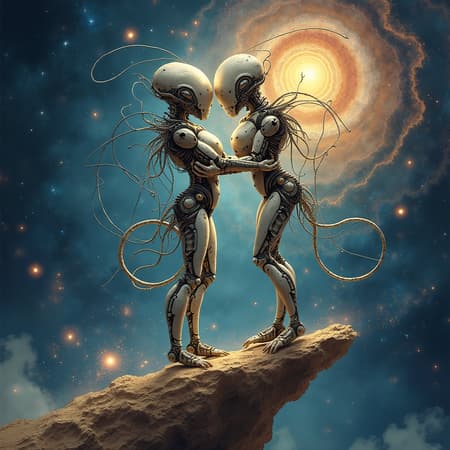 Two biomechanical beings embracing, poised on the brink of the cosmos, perfectly balanced, surrounded by a burst of celestial lights, whisper of symmetry, spiral of fractal galaxies, intricately detailed with an ethereal sketch quality.