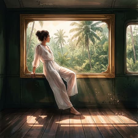 Soft afternoon light streams through a large French train window, its golden wooden frame, devoid of glass, offering a view of an Indonesian jungle with lush greenery and palm trees. In the middle of the train car, a woman with her black hair styled in an updo leans against the long window, facing inside but looking outside and away from viewer, wearing a sheer see thru flowing white linen jumpsuit and gazing at the view. The sunlight highlights her figure within the suit. The floor of the old carriage is made of dark wood, and the carriage itself is dark green.Sunlight gently illuminates the colors of the room. The shadows of the train window stretch across the worn dark floorboards, creating a tranquil rhythm of light and shadow. Everything the long gilded train window, the aged wood, the graceful drape of her jumpsuit, her sideboob, and the breathtaking view of the jungle is unique, whimsical, fantastic, splash art, maximalist style,concept art, harmony, serenity, soft pastel colors,ambient occlusion, cozy ambient lighting, whispered, unseen secrets, fantasy, dreamlike, surrealism, dreamy, cinematic, captivating, fantastical, splash art,harmony,  superb composition, hyper-detailed, romance, surrealism, sharp focus, rich in detail, cinematic,captivating, fantastical, splash art, photorealistic, mysterious glow, masterpiece, award-winning, pingtu style, illustration-fen, InkWatercolor style sketch with accentuated linework, barefoot