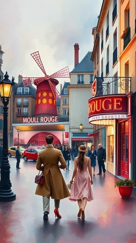 Romantic paintings of Paris featuring an alluring blend of pink champagne tones capture the essence of 1950s Autumn evenings with skillful composition and a rough texture signature of Mark League's watercolor style. Lovers wander through the vibrant streets near Moulin Rouge under the soft glow of early evening lights, enveloped in the magical atmosphere of a bygone era.