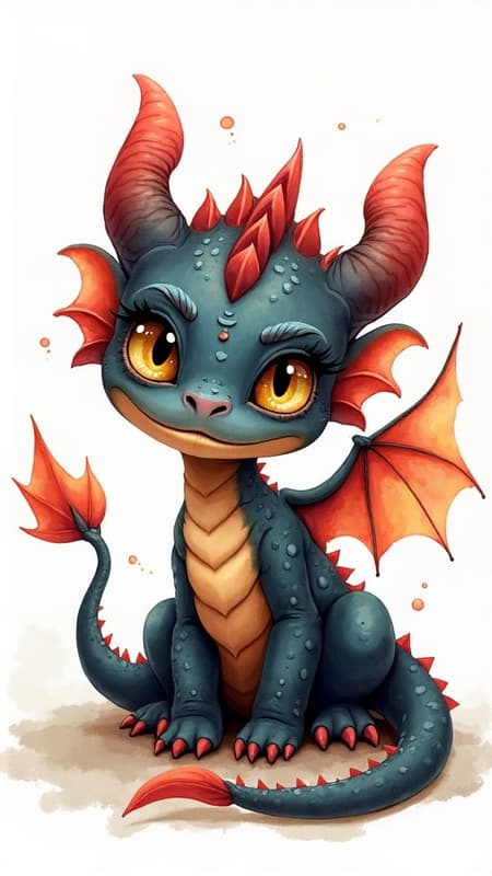 Vibrant watercolor illustration of an adorable young black dragon with expressive golden eyes and delicate wings, set against a clean white background. The artwork features a rich ornamental style, blending intricate patterns and vivid colors in a shadowed, dark mode aesthetic. The composition highlights the enchanting and whimsical nature of the creature, inviting viewers into a whimsical realm.