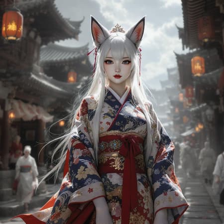 Medium shot centered sharp focus full body 1girl hyperdetailed kimono fox ears perfect face white long hair middle part anxious colorful glamorous hyperdetailed intricate medieval Japanese city background rich vivid colors elegant graceful HDR UHD high resolution 64k cinematic lighting special effects hd octane render professional photograph studio lighting trending on artstation with subtle soft shadows delicate details and ethereal ambiance capturing a moment of serene contemplation in a bustling ancient setting.