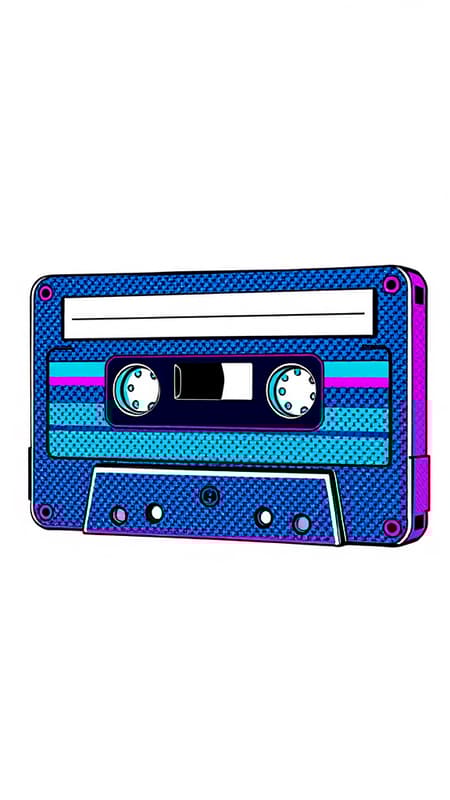 A retro-inspired cassette tape icon in a carbon fiber texture with a vibrant blue and purple color scheme, drawing influence from Roy Lichtenstein's pop art style, set against a clean white background, featuring bold lines and a dynamic composition.