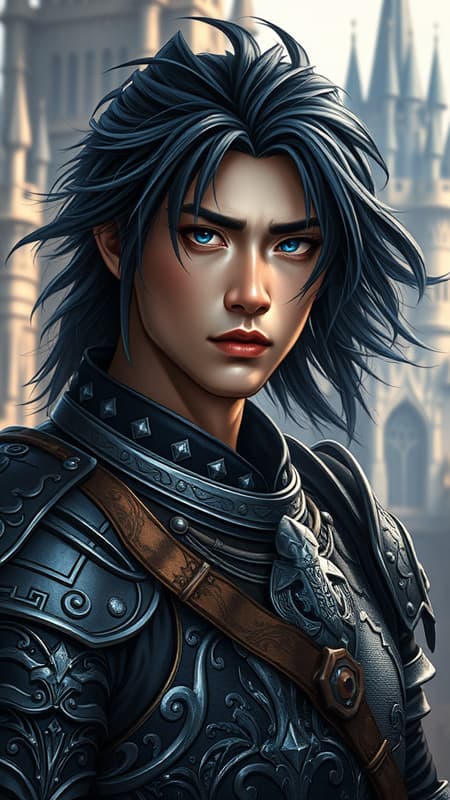 Medieval fantasy portrait of a strikingly handsome male Asian warrior in ornate armor, set against the backdrop of a majestic fantasy castle bathed in the soft glow of morning light filtering from the side, his hair a flowing blend of black and silver strands, eyes shimmering with an electric blue intensity, a hint of unpredictability reflected in his gaze.