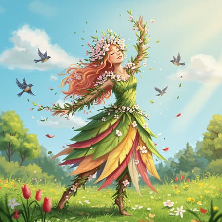 A whimsical representation of springtime emerges as a graceful figure adorned with blossoms and vibrant hues, embodying renewal and vitality. The scene is bathed in warm sunlight, with gentle breezes carrying the fragrance of fresh blooms. Soft pastels blend harmoniously, painting a picture of nature's rebirth as birds sing in delicate harmony, celebrating the promise of new beginnings. This enchanting personification of spring dances with joy, her movements gentle and life-giving, enveloped in an aura of hope and endless possibility.