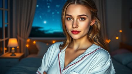 A young woman in comfortable pyjamas stands in a beautifully detailed bedroom, her gaze directed towards the viewer. The night sky outside is clear and dotted with stars, adding a serene backdrop to the scene. Her eyes and lips are captivatingly detailed, illuminated by a soft, cinematic light that enhances her facial features. The room is rendered with professional lighting techniques, such as photon mapping and radiosity, giving it a realistic and warm ambiance. Her full-body pose is natural and confident, conveying a sense of calmness. While maintaining the focus on her exquisite features and the enchanting environment, ensure hands and limbs are flawlessly depicted, avoiding any disproportionate or unnatural elements.