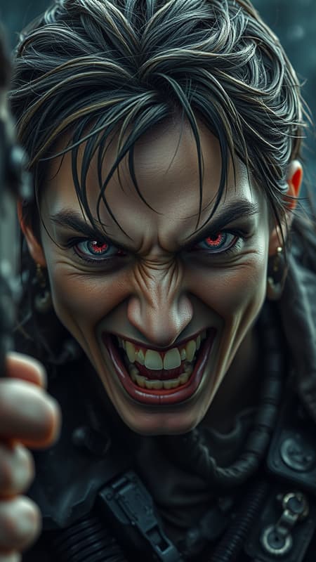 Technology, dark ambiance, furious expression, piercing eyes, disheveled hair, seething, breathtakingly beautiful, chaotic, smooth features, striking pink eyes, absurd yet captivating, foolishly defiant, smiling with intent, soldier-like poise, untamed spirit, highly detailed hyperrealism, ultra-realistic and intricately detailed, stunning environment reminiscent of old paint in stormy weather, photographic intensity, captivating scene, partially out of frame suggesting mystery, hint of extra fingers or distorted limbs, slightly blurred edges, a face somewhat duplicated, evoking intrigue, strikingly unconventional proportions, subtly mutated elements, with an overall sense of rebellious allure amidst controlled chaos.