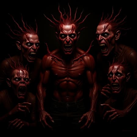 horror scene, blood splatter, yandere antagonist, sinister laughter, chilling atmosphere, ultra highres, 8k detail, raw photo realism, hyperrealistic portrayal, vivid illustration, grotesque figures, deformed and twisted appearance, unsettling mutations, additional limbs, dual-headed beings, group dynamic, eerie gathering, nightmarish composition, dark and foreboding.