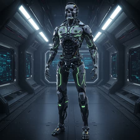 An ultra-detailed cyborg stands in a futuristic spaceship, featuring anthropomorphic cybernetic skeleton elements integrated into its sleek metal armor. The armor is adorned with neon light reflections that dance across its surface, enhanced by advanced reflection mapping. The design is intricate, with each component meticulously detailed, showcasing the pinnacle of cybernetic craftsmanship. Dramatic lighting casts dynamic shadows and highlights across the scene, intensifying the hyper-realistic, photorealistic, and cinematic quality of the setting. The vivid 8k resolution captures every nuance, immersing viewers in a world where technology and humanity intertwine seamlessly.
